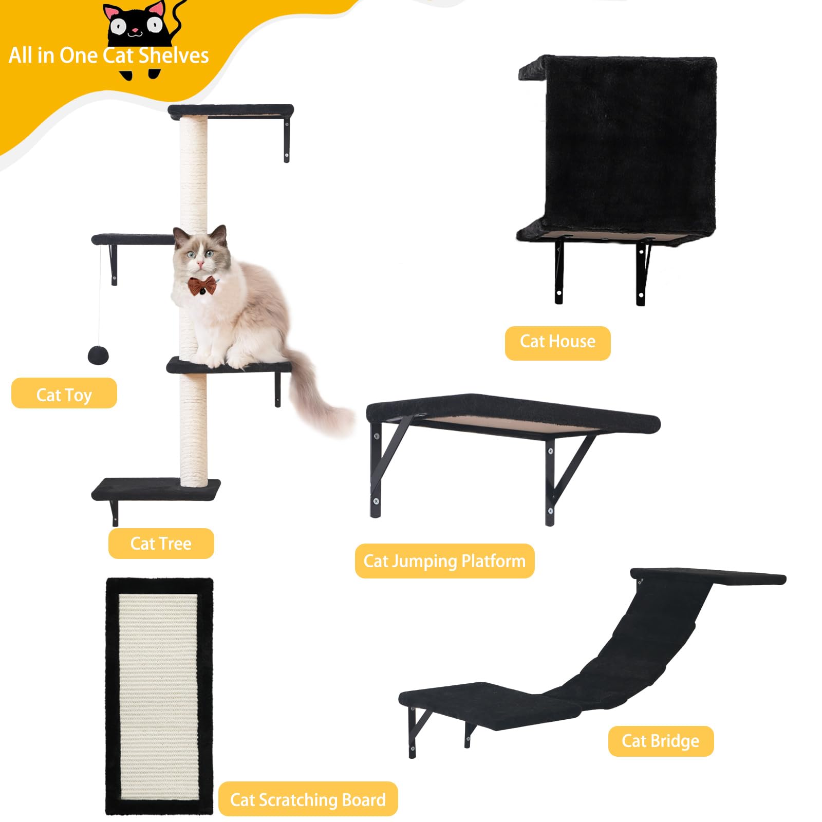 Modern Wall-Mounted Cat Furniture 5pcs Cat Wall Shelves, Wooden House