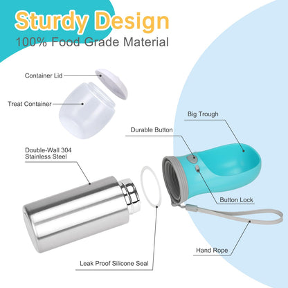 Portable Dog Water Bottle with Food Container, Stainless Dispenser