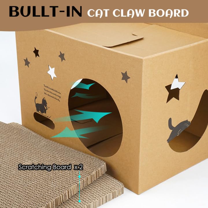 Cat Cardboard House with 2 PCS Scratching Pads，Large Cat House