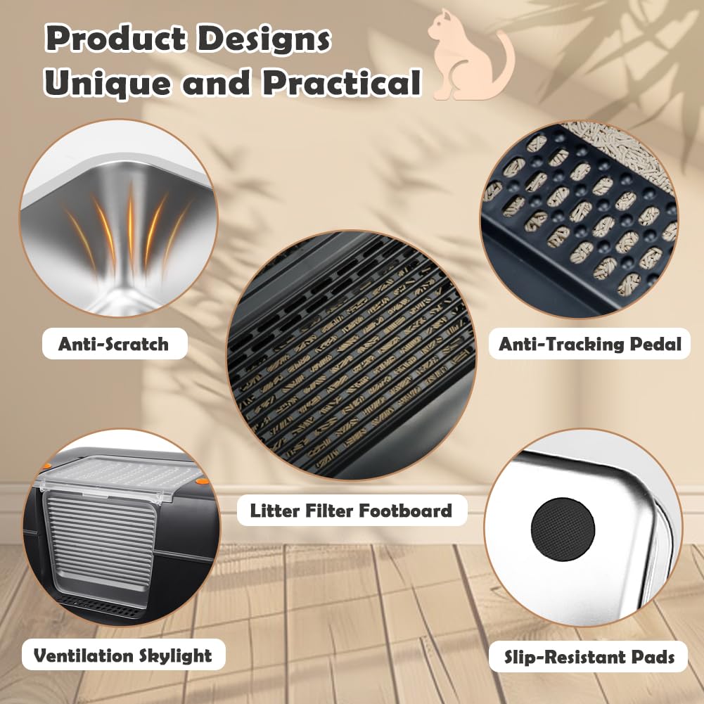 Vivifying Stainless Steel Litter Box, XL Side Entry Extra Large Litter
