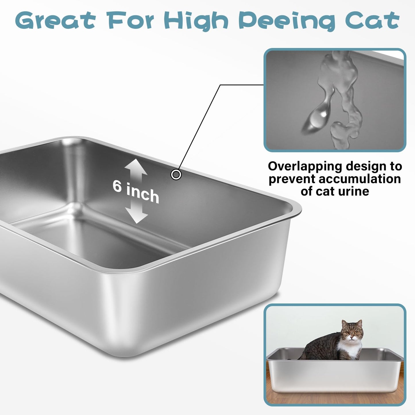 Stainless Steel Litter Box, x13. x6" Medium to Large Metal Litter Box