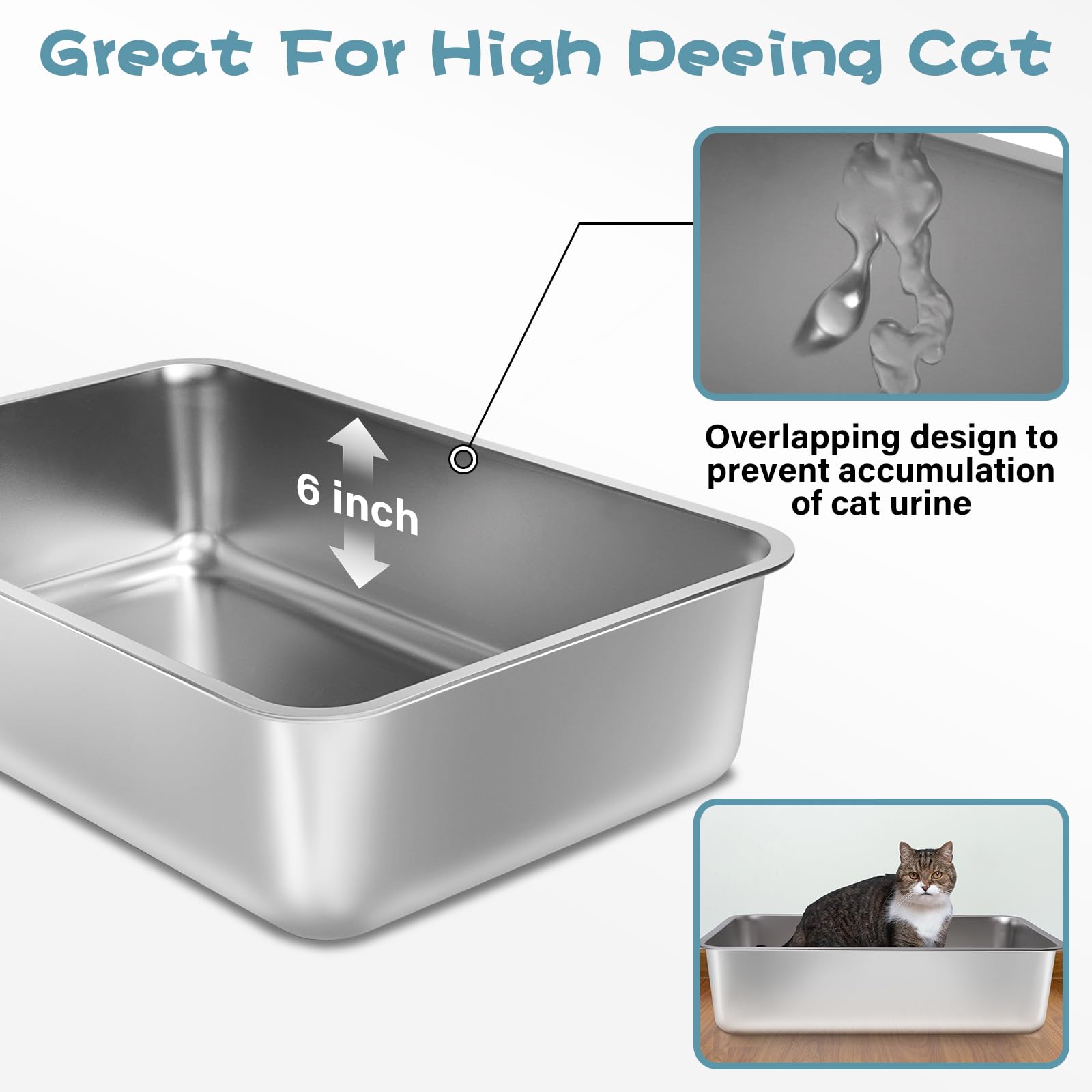 Stainless Steel Litter Box, x13. x6" Medium to Large Metal Litter Box