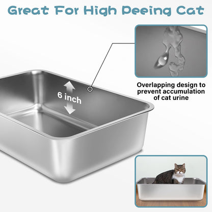 Stainless Steel Litter Box, x13. x6" Medium to Large Metal Litter Box