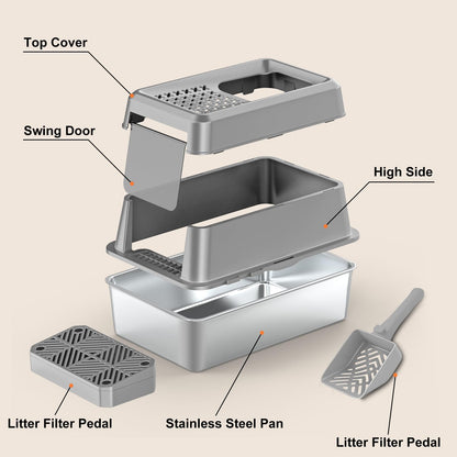 URPOWER Stainless Steel Cat Litter Box with Lid Extra Large Box