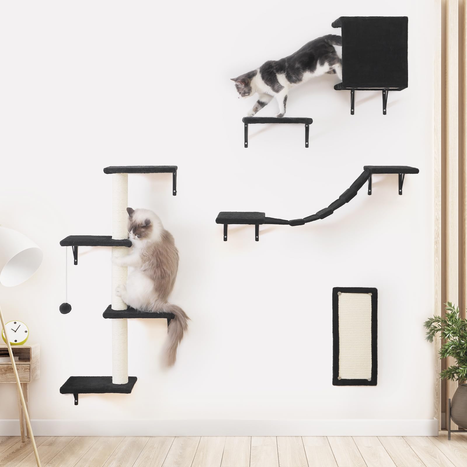Modern Wall-Mounted Cat Furniture 5pcs Cat Wall Shelves, Wooden House