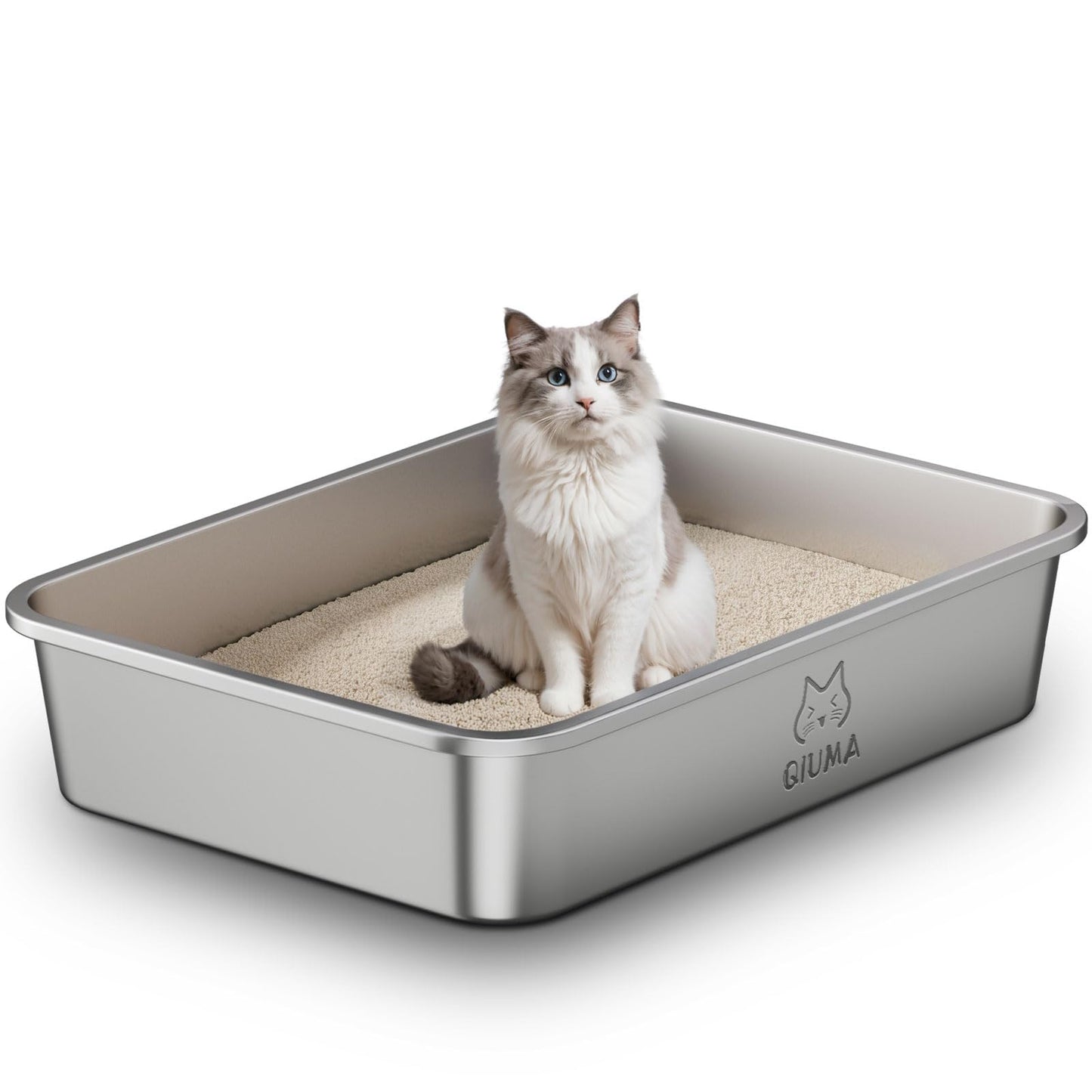 Qiuma Jumbo Stainless Steel Cat Litter Box, 27.5"×19.6"×5.9", Box