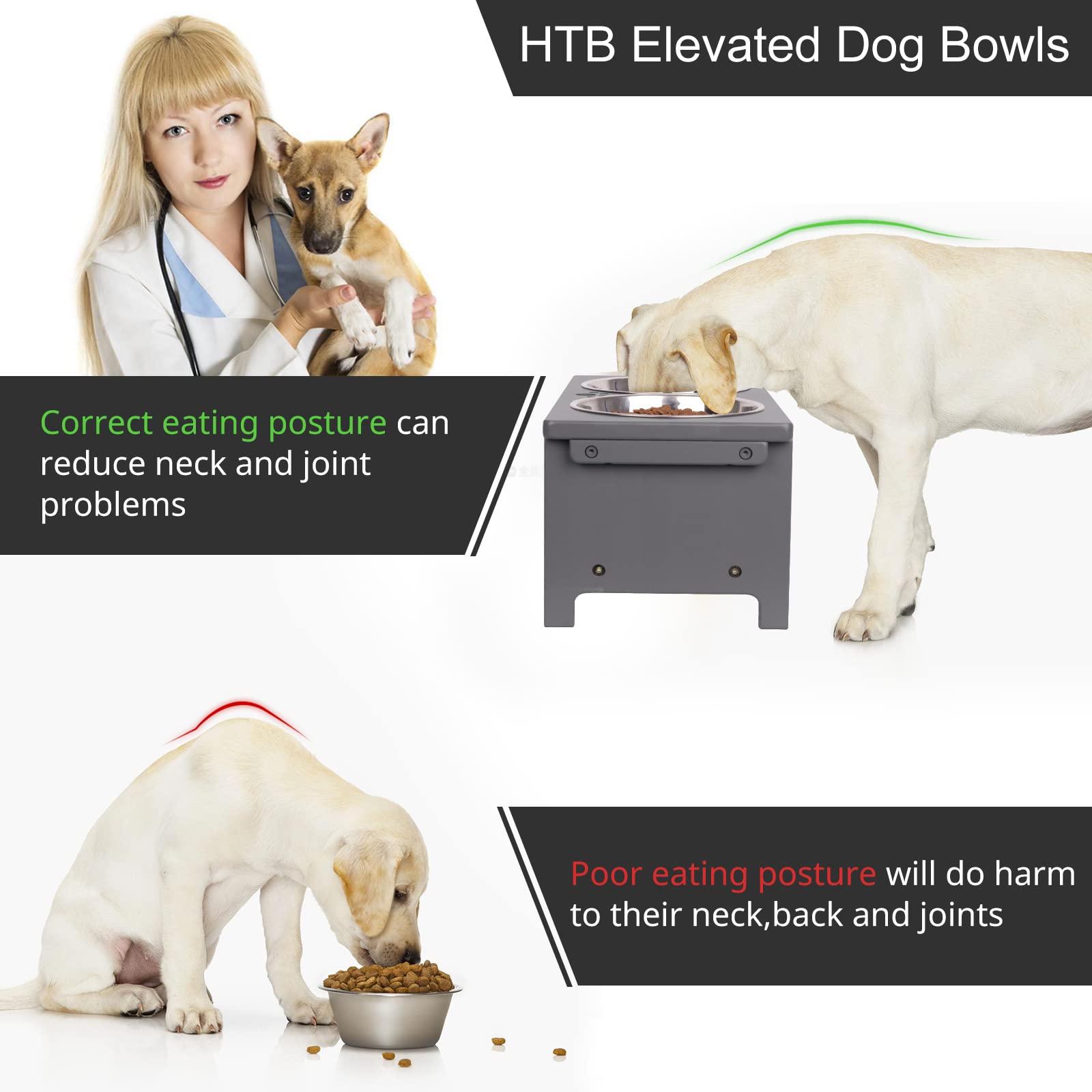 HTB Elevated Dog Bowls, Raised Dog’s Food Stand with 2 Feeder