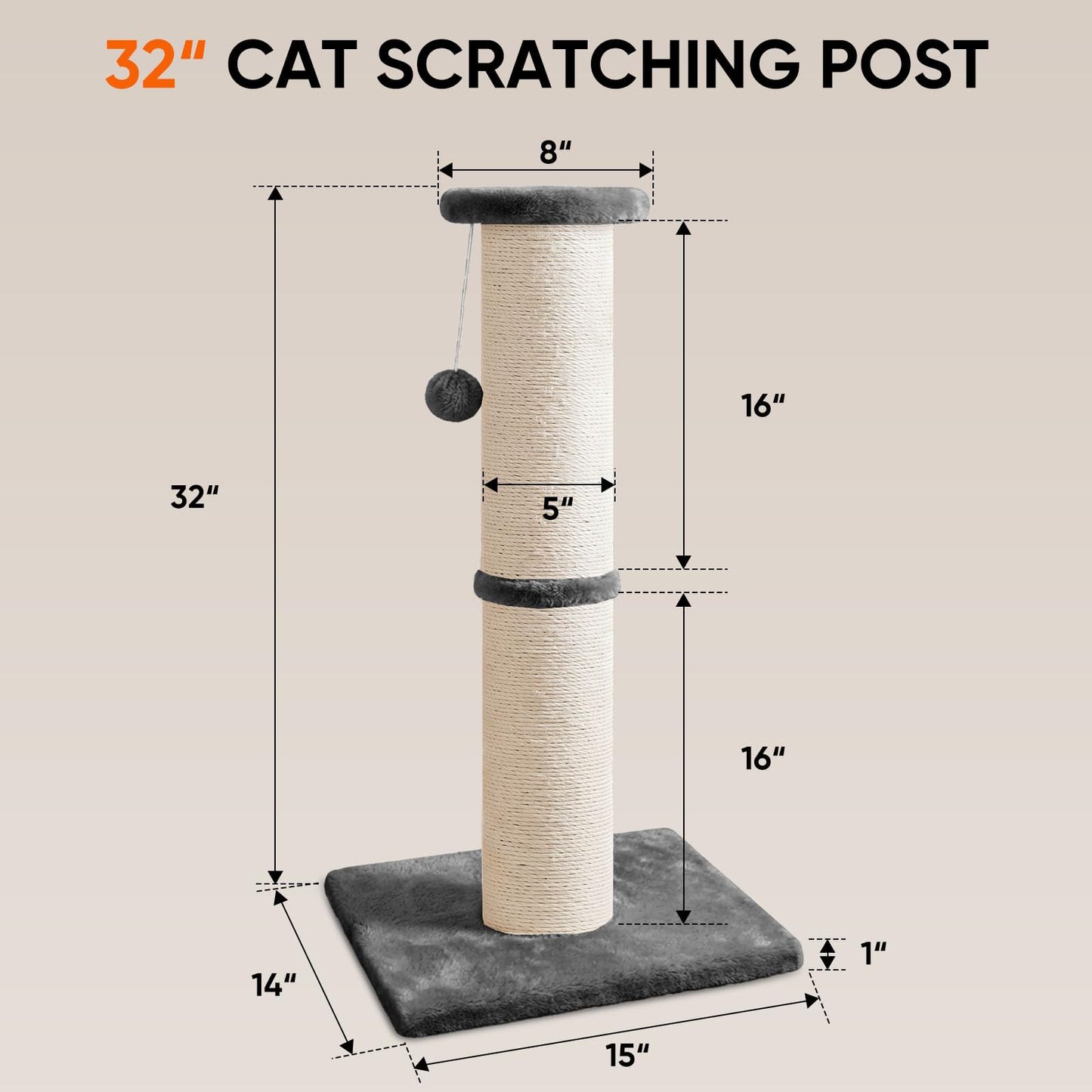 PAWSCRAT Cat Scratching Post 32" Tall, Large Diameter Scratcher