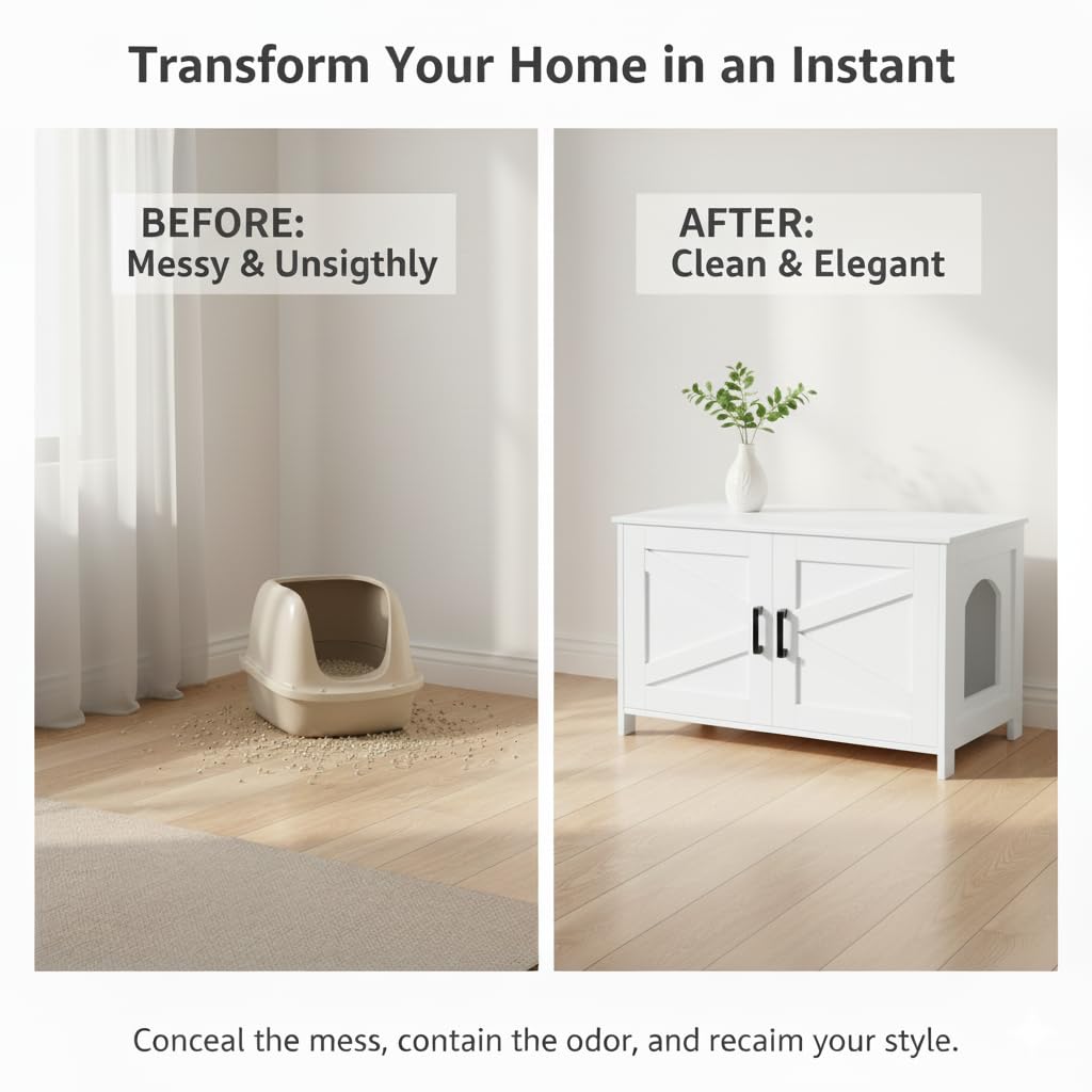 Homhedy Cat Litter Box Enclosure, Wooden Cat Washroom Furniture Box