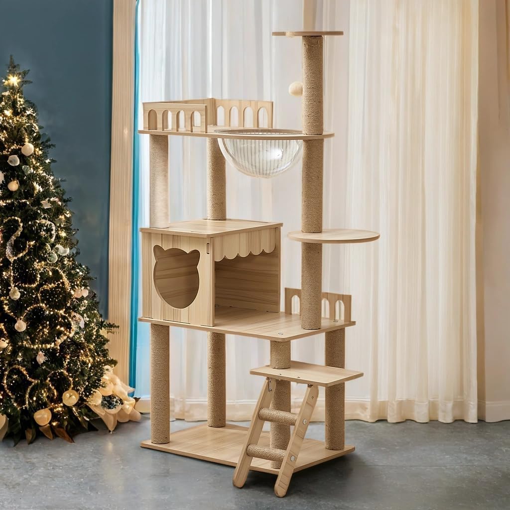 54-Inch Cat Tower,Multi-Level Pure Wood-Modern Cat Tree Tower Toy