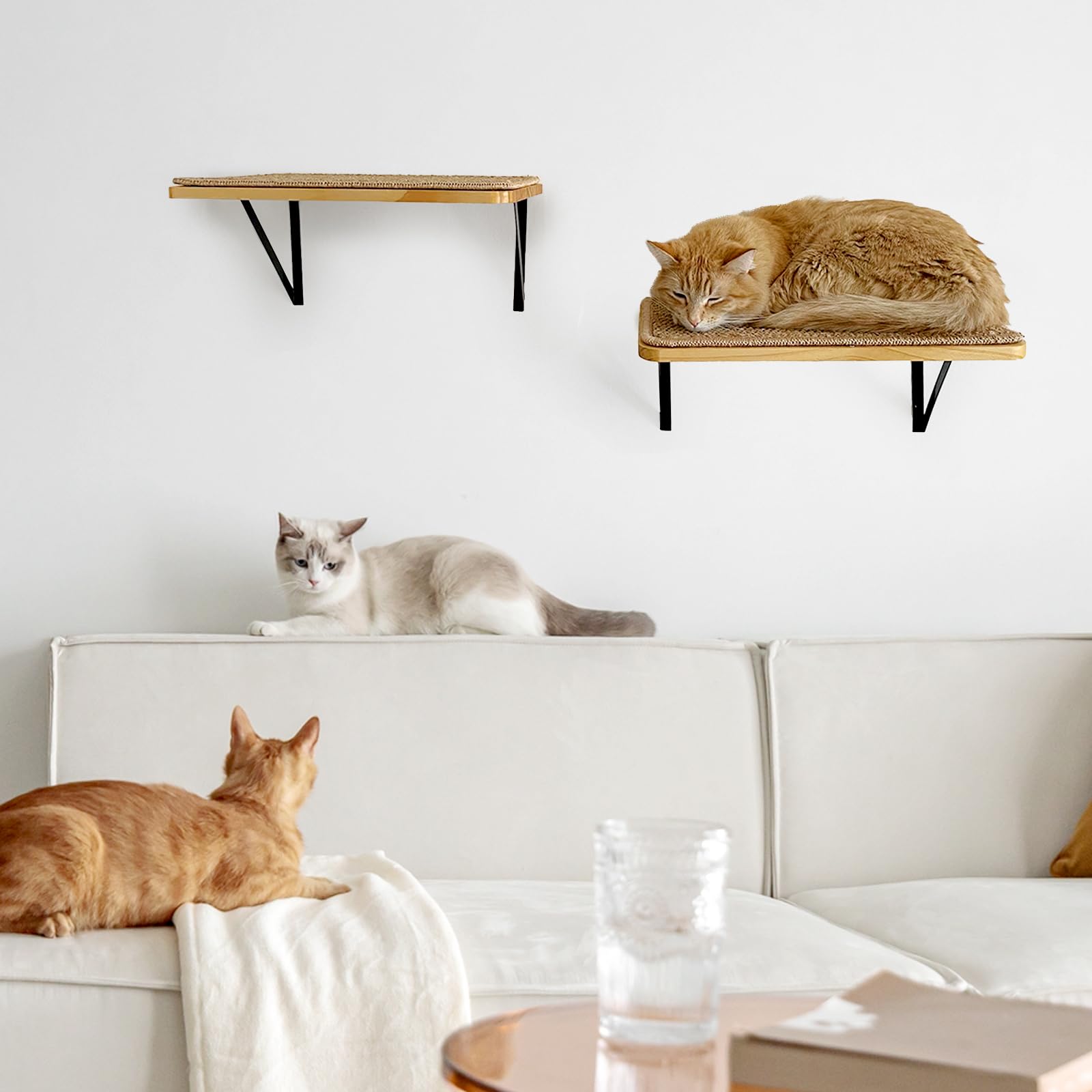 Ewenono 2Pack Wooden Cat Wall Shelves with Sisal Mat, Cat Wall Bed
