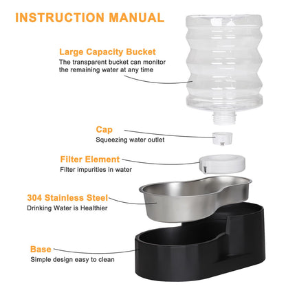 RIZZARI Dog Water Bowl Dispenser: Stainless Steel Gravity Feeder
