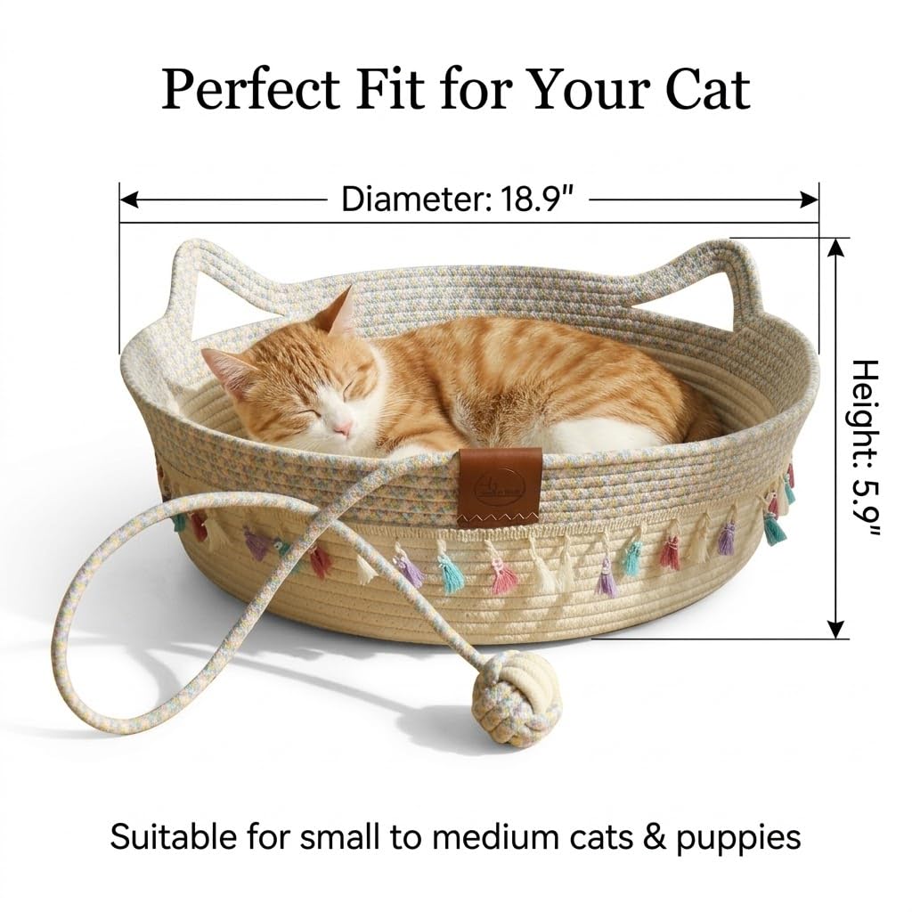 Pbed Large Cat Bed Basket Round Cotton Rope Woven,Cat Bed for Ball