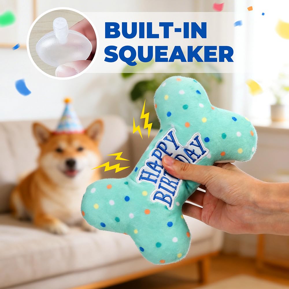 Prime Pets Dog Birthday Toys, 3 Pack, Crinkle Squeaky Dog Toys