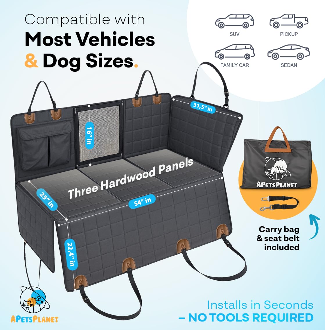APetsPlanet Dog Car Seat Cover for Back Seat Hard Bottom Seat