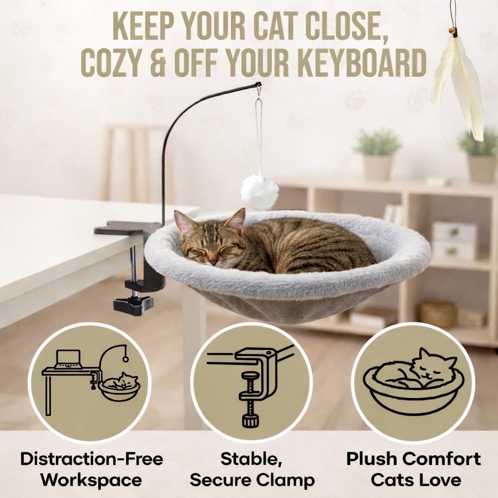 HAVENLOOM Cat Desk Bed for Home Office Plush Clamp-On Cat Hammock Ball