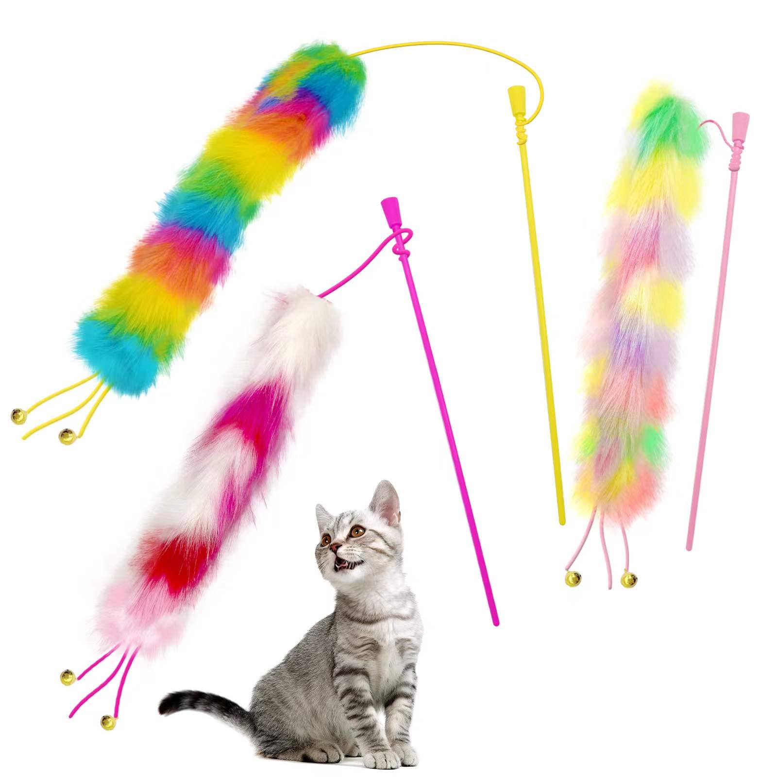 Lepawit 3 Pack Cat Wand Toy, Rainbow Cat Feather Toys with Bells Wand