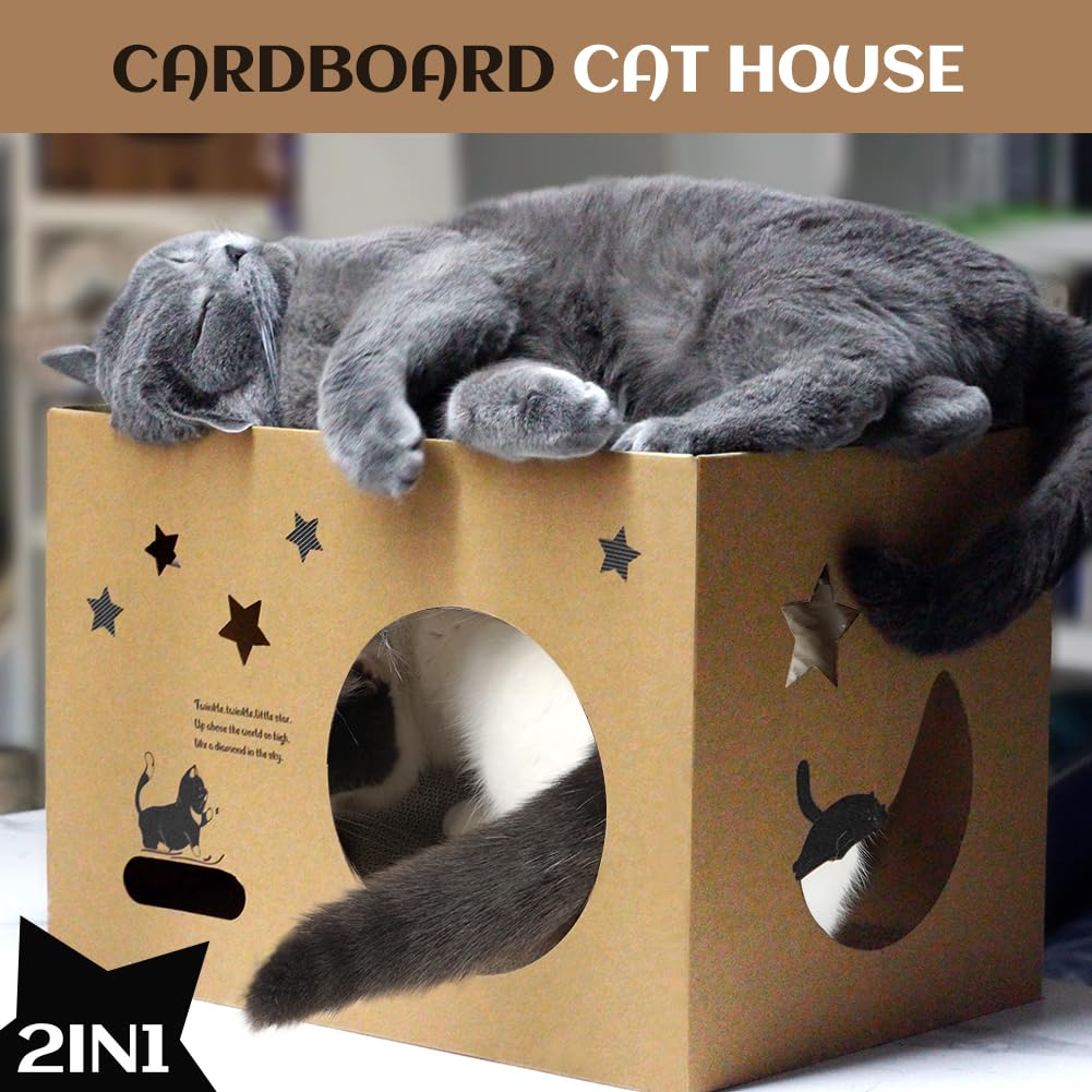 Cat Cardboard House with 2 PCS Scratching Pads，Large Cat House