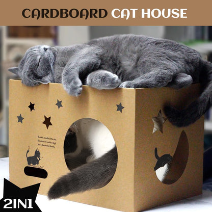 Cat Cardboard House with 2 PCS Scratching Pads，Large Cat House