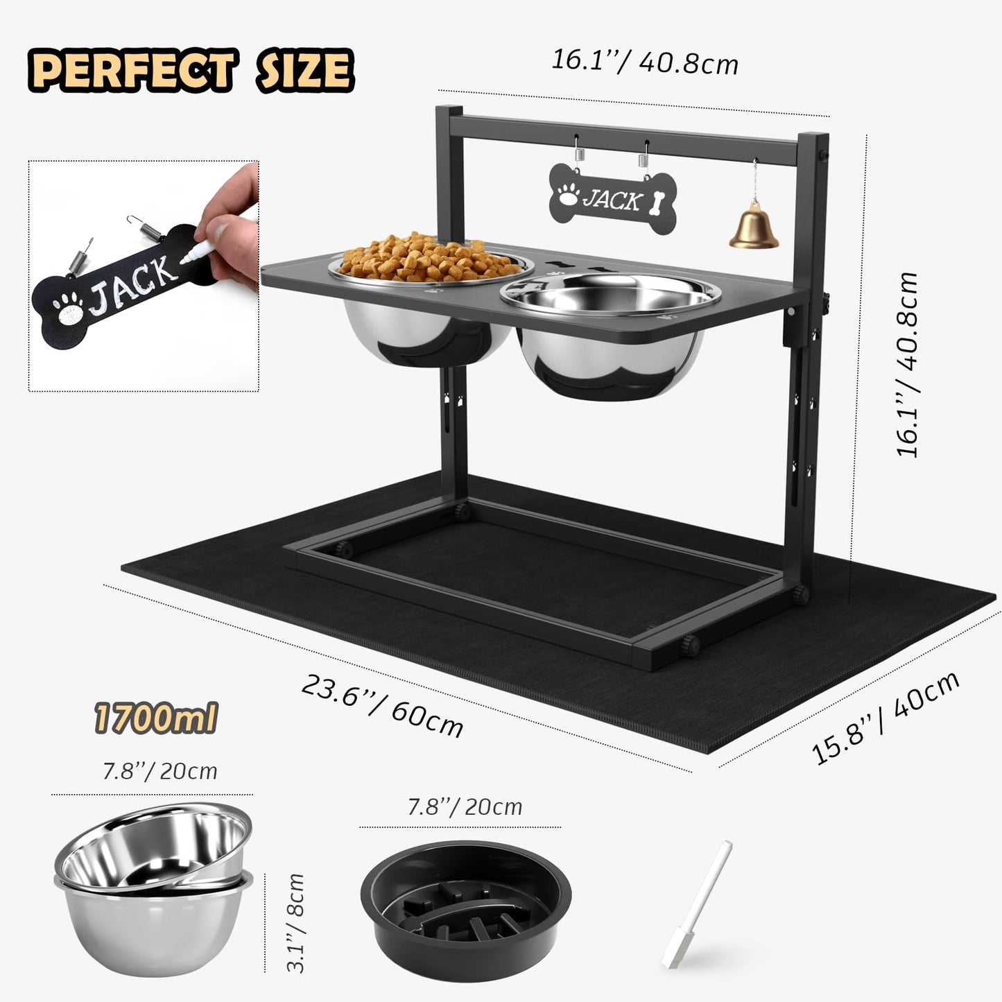 Elevated Dog Bowls with Slow Feeder and Spill Proof Mat, Mat