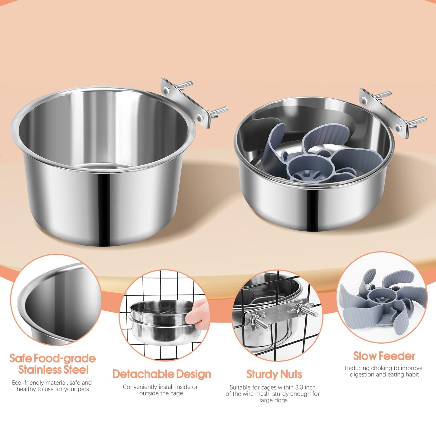 2 Pcs Large Pet Dog Food Water Bowl with Slow Feeder Insert for Cage