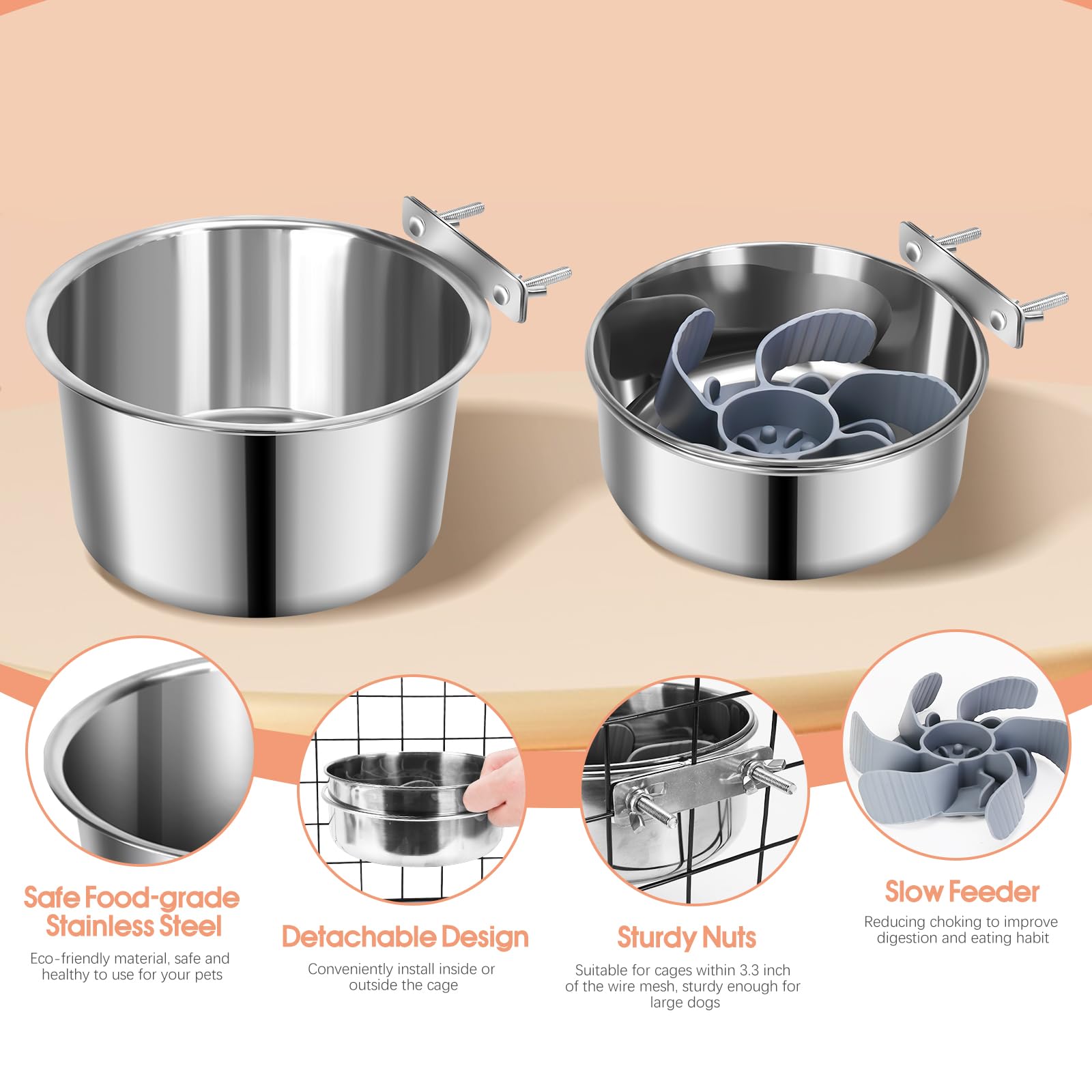 2 Pcs Large Pet Dog Food Water Bowl with Slow Feeder Insert for Cage