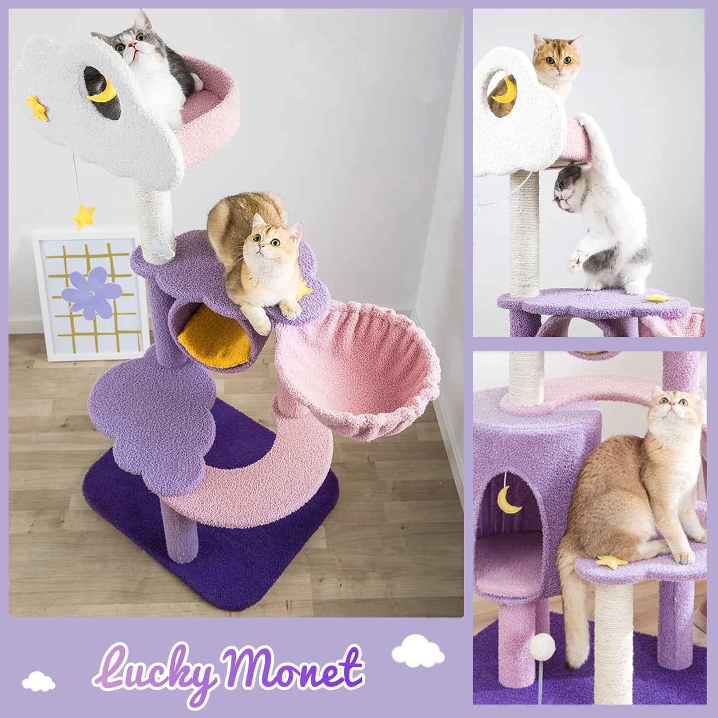 Lucky Monet Cat Tree for Indoor Cats, Multi-Level Cat Tower Ball