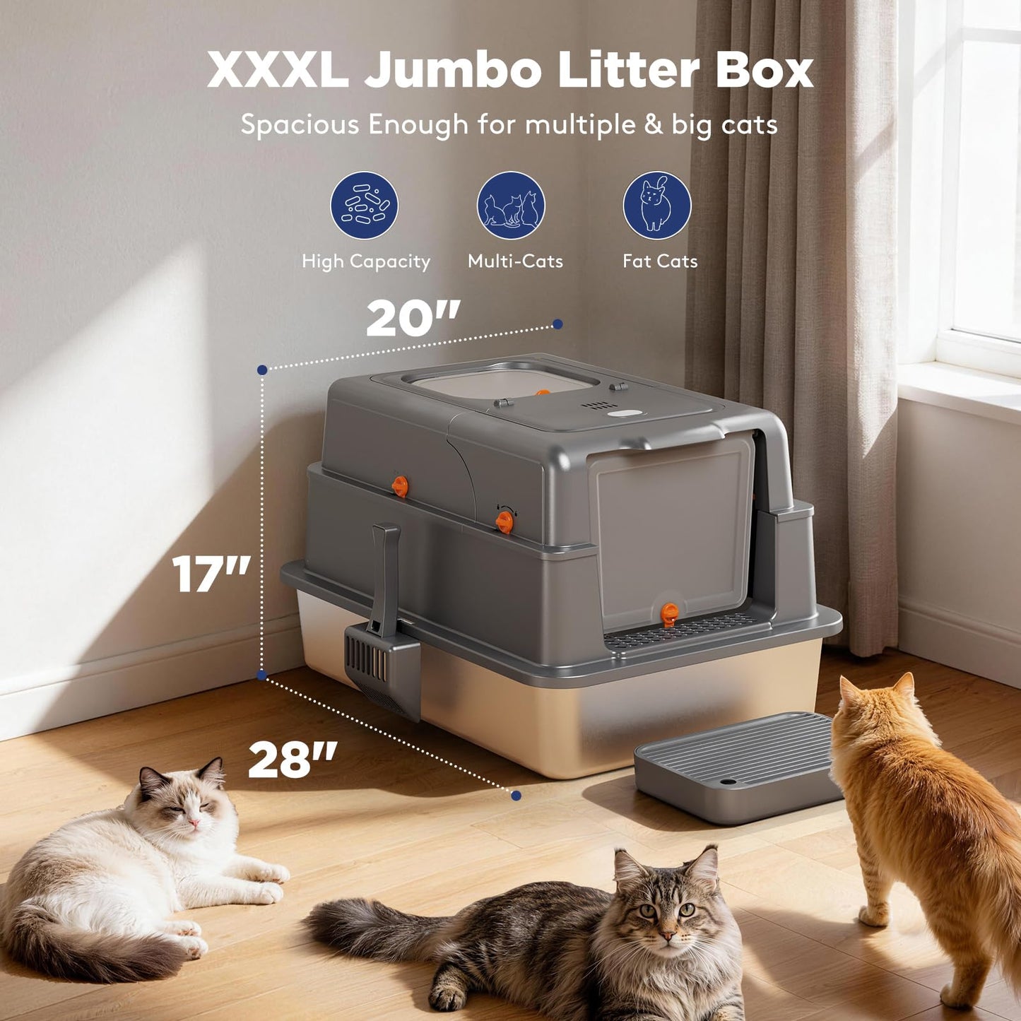FURTIME XXXL Extra Large Stainless Steel Litter Box with Lid, Box