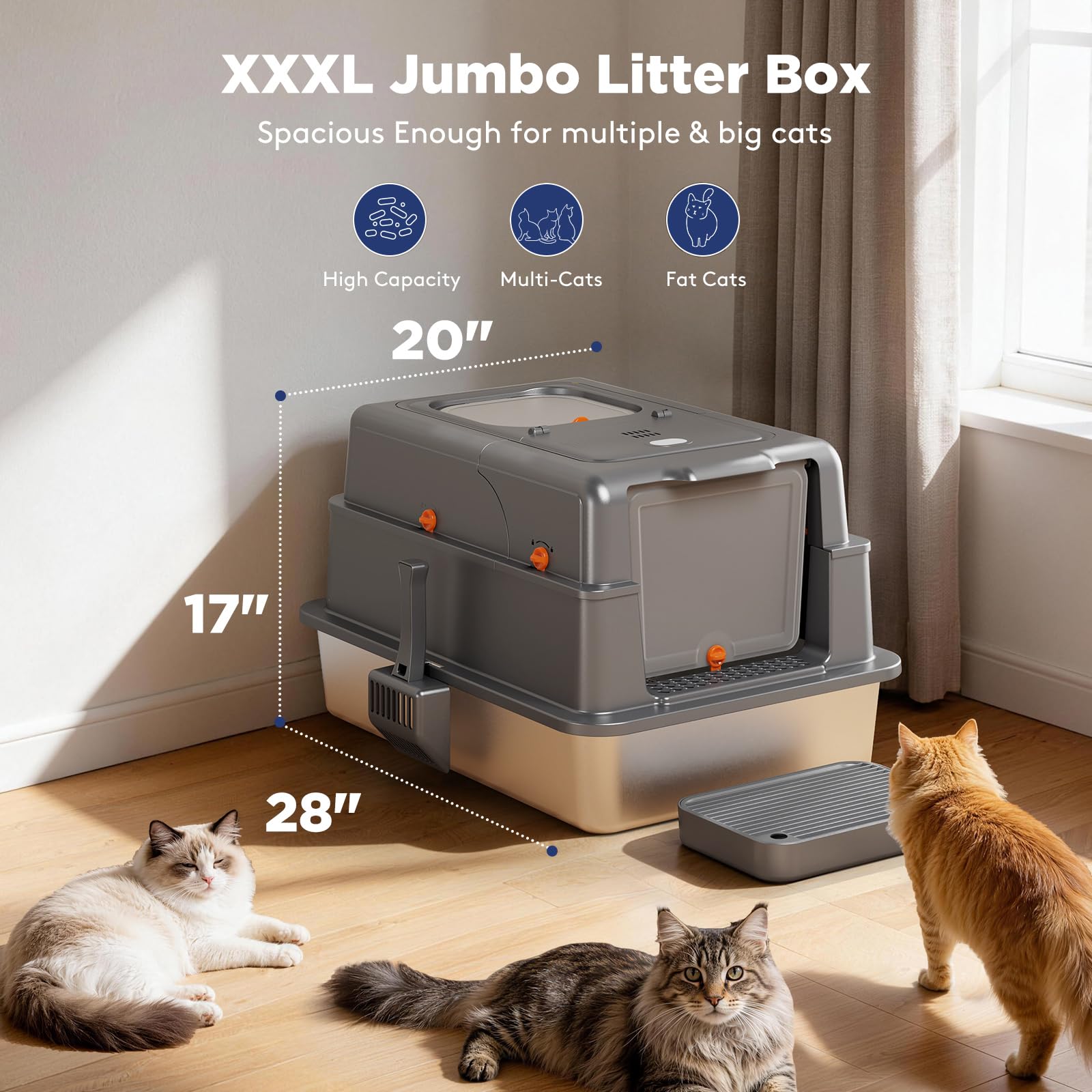 FURTIME XXXL Extra Large Stainless Steel Litter Box with Lid, Box