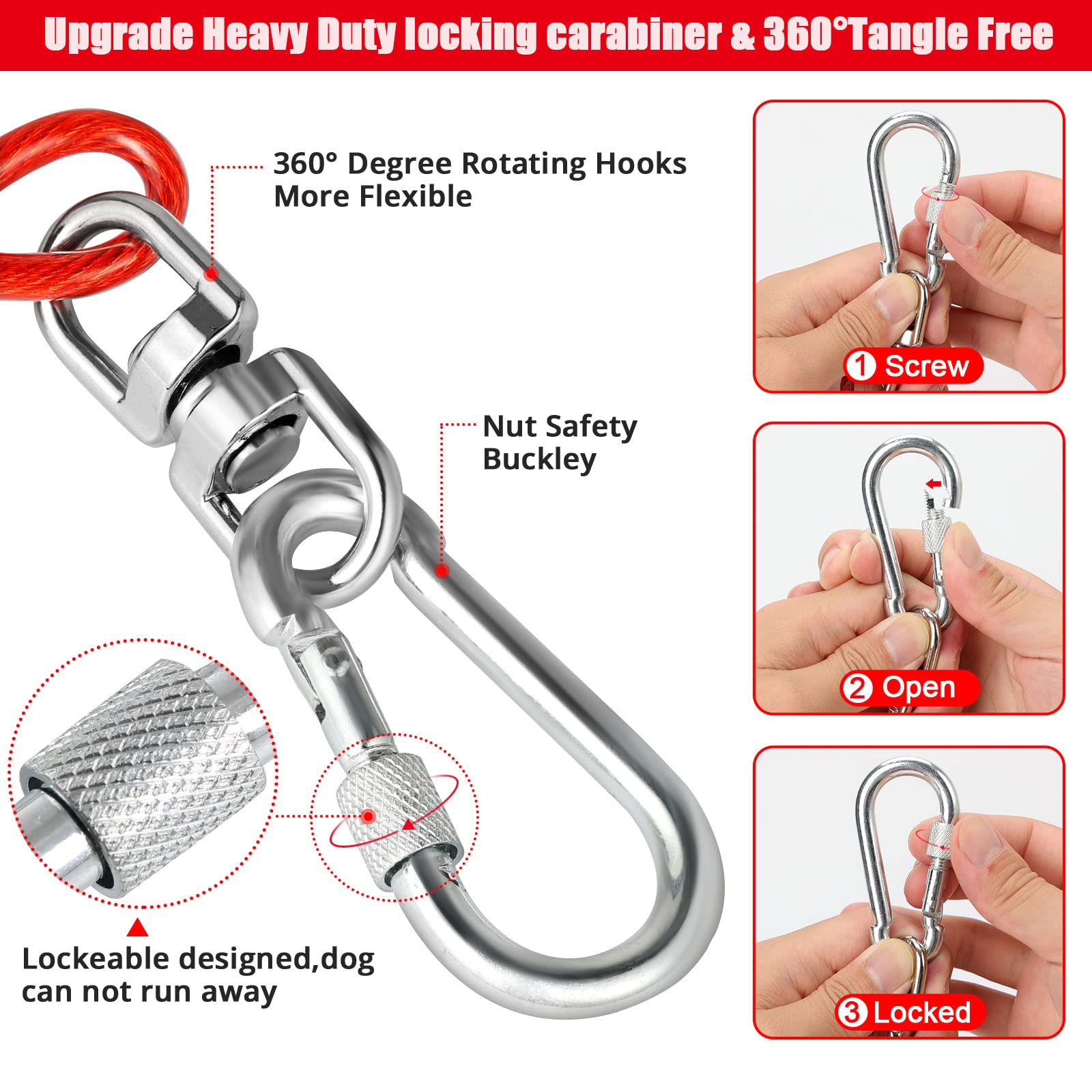 jenico Dog Tie Out Cable, 10/15/20/30/40/50/70/100/ Runner Cable Hook