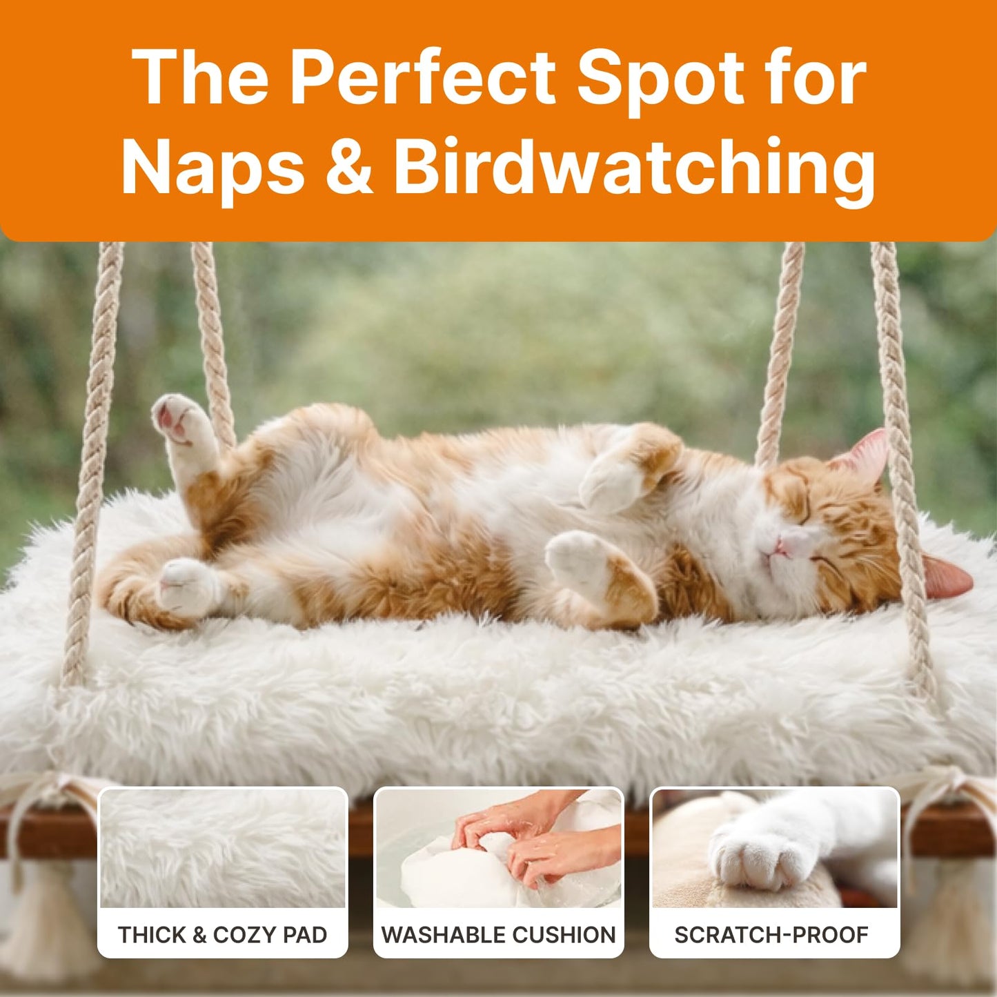 Cat Hammock with Industrial-Grade Suction Cups Solid Pine Wood Cushion