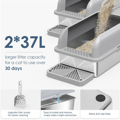 2 Pack XL Stainless Steel Litter Box Enclosure with Lid, Tray