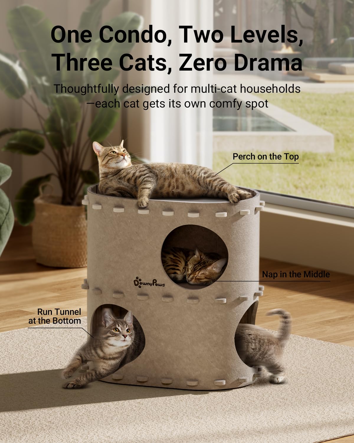 DownyPaws Cat House for Indoor Cats, 2-Storey Foldable Cat Bed Cave