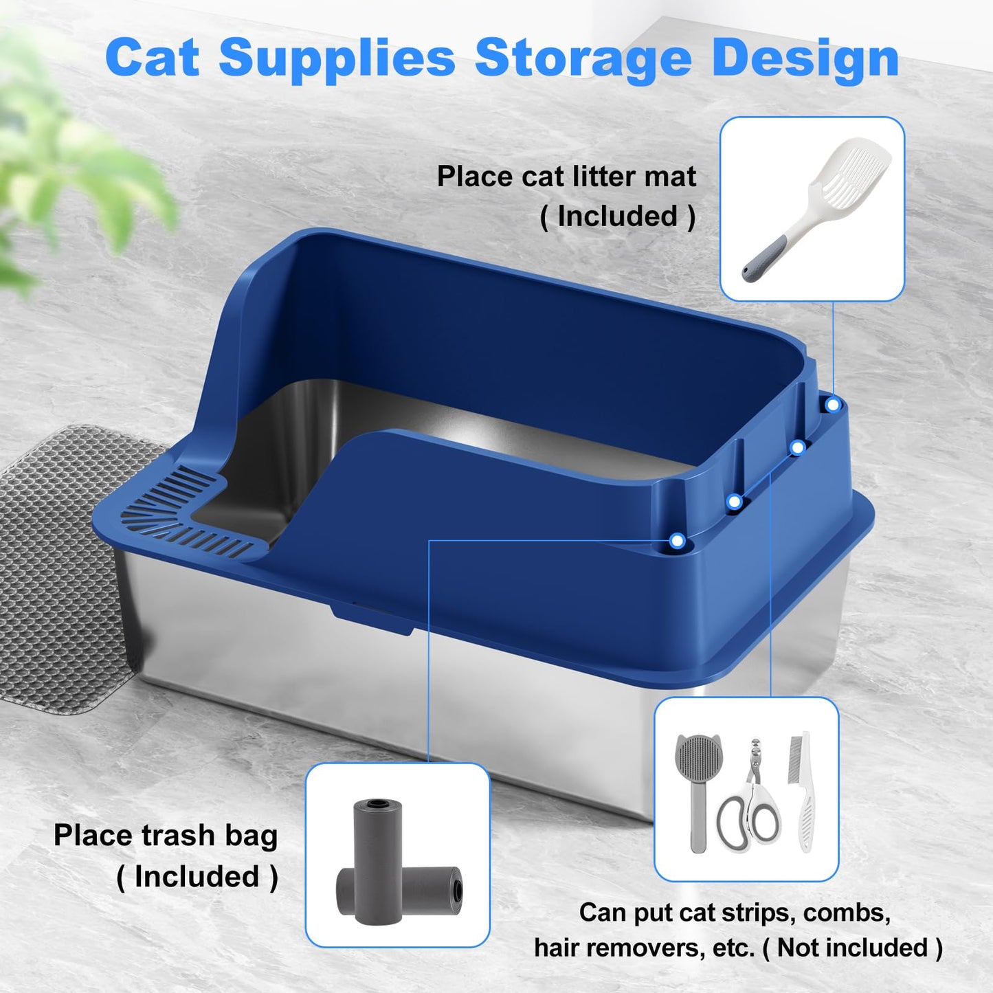 Non-stick Stainless Steel Litter Box, XL Side Opening Splash-Proof Box