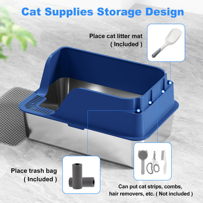 Non-stick Stainless Steel Litter Box, XL Side Opening Splash-Proof Box