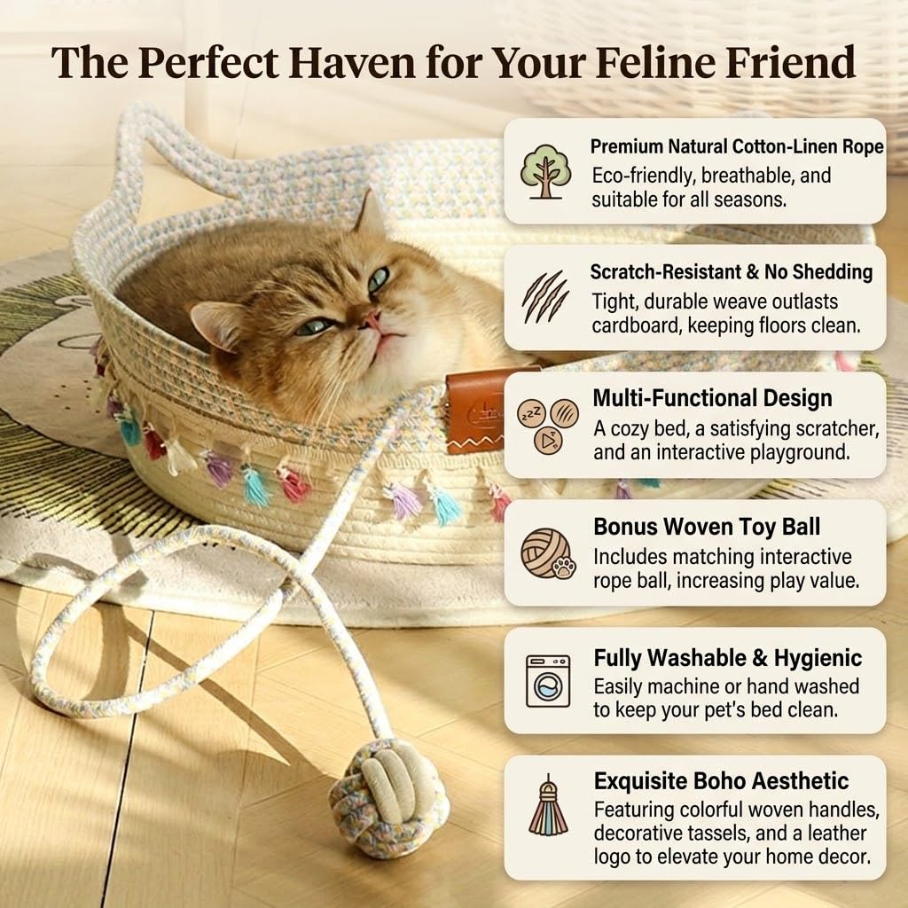 Pbed Large Cat Bed Basket Round Cotton Rope Woven,Cat Bed for Ball