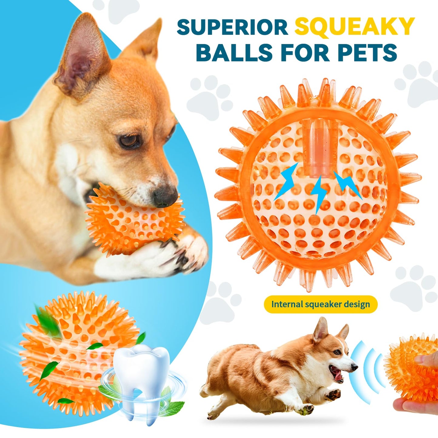 SHARLOVY 3'' Squeaky Balls for Small Dogs, 4 Colors Spiky Dog Balls