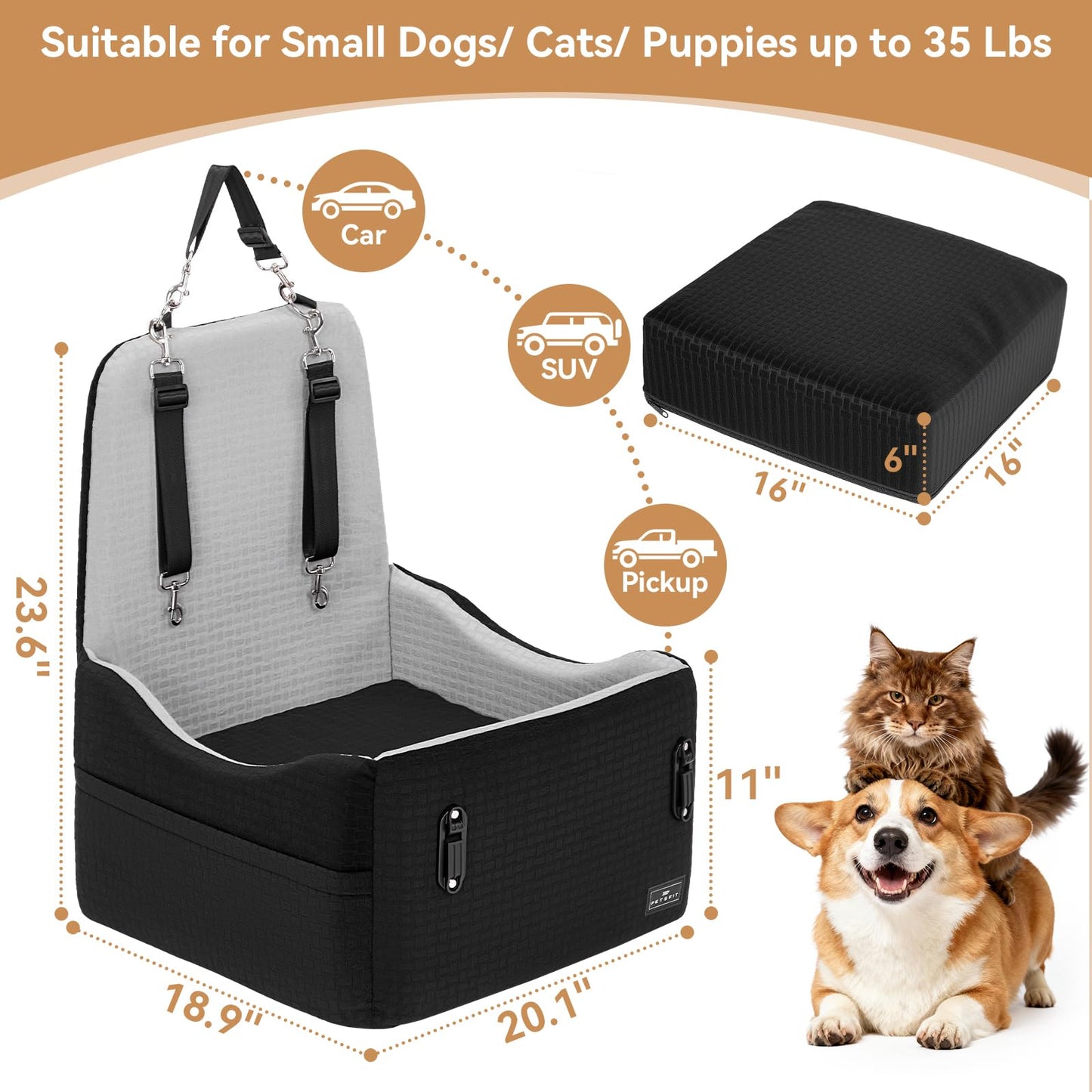 PETSFIT Dog Car Seat for Small/Medium Dogs Up to Patented Safety Seat