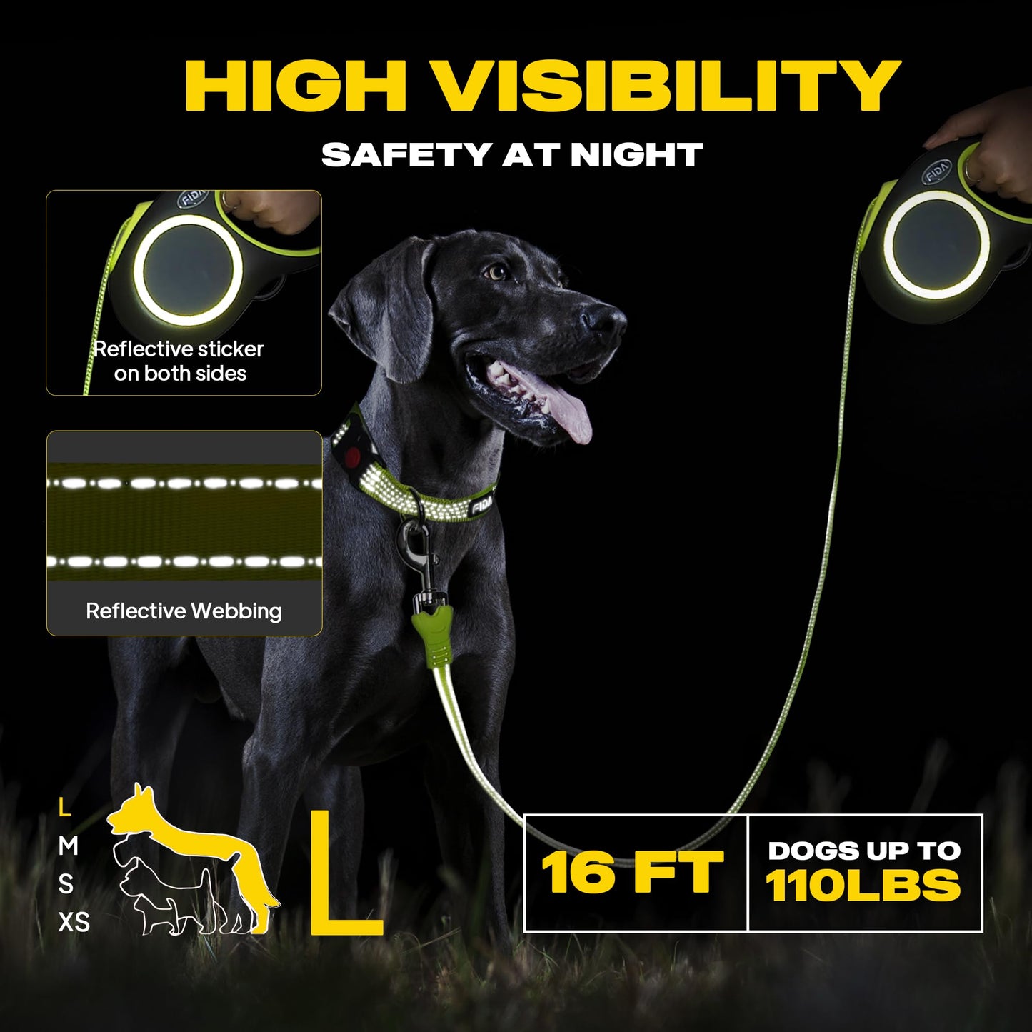 Fida Retractable Dog Leash, Reflective Heavy Duty Pet Walking Leash