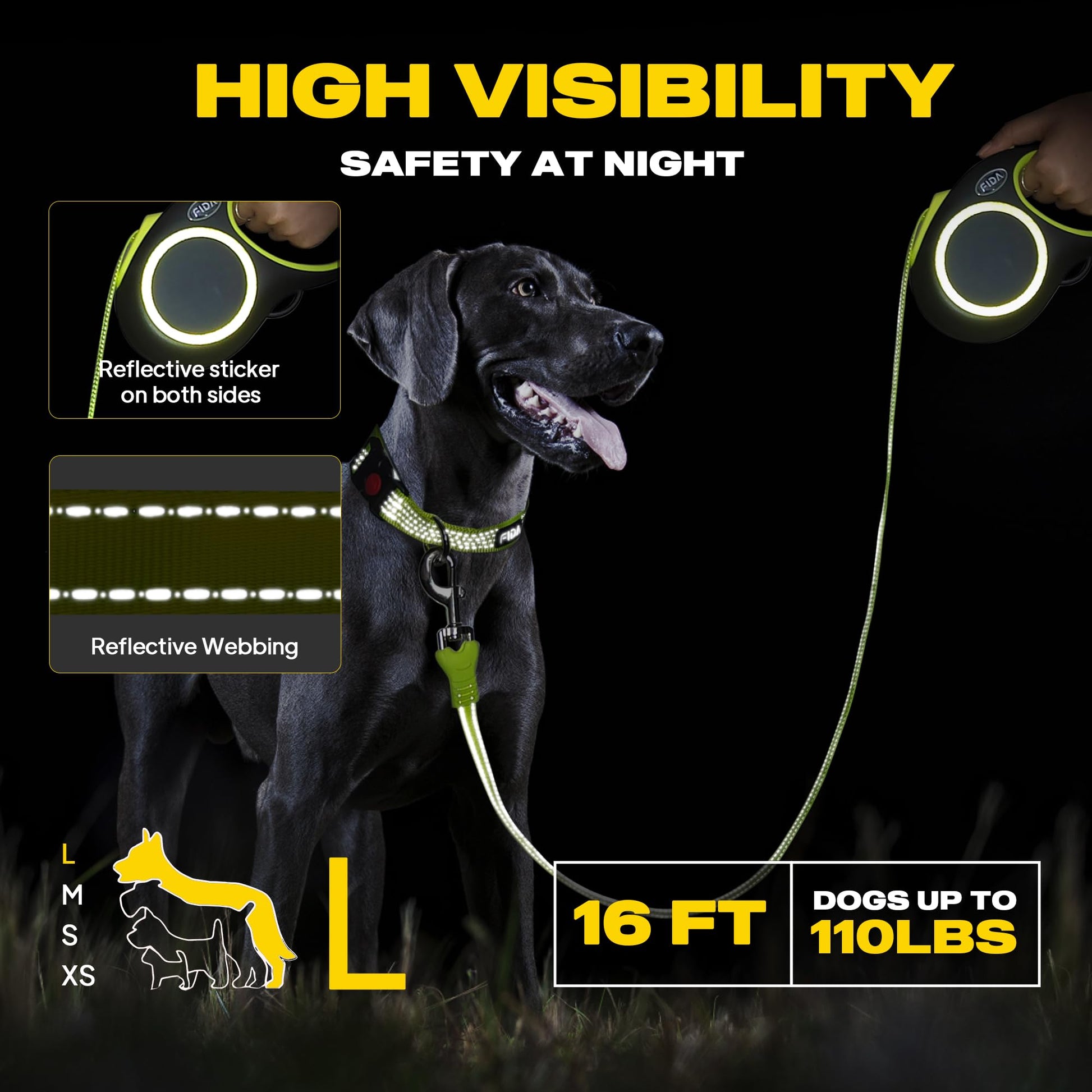 Fida Retractable Dog Leash, Reflective Heavy Duty Pet Walking Leash