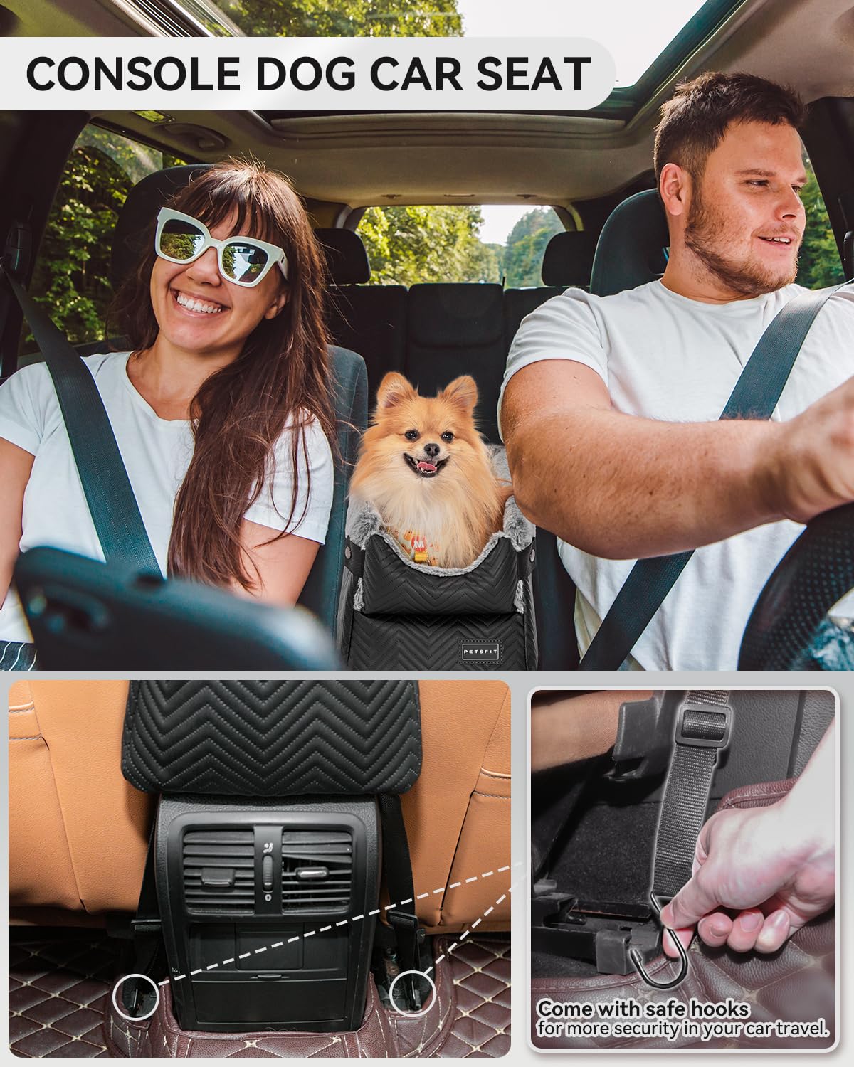 PETSFIT Center Console Dog Car Seat with Safe Protection Hooks, Seat