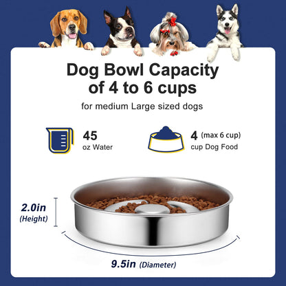 AIPERRO Stainless Steel Non Slip Slow Feeder Dog Bowl, 4 Cups Bowl
