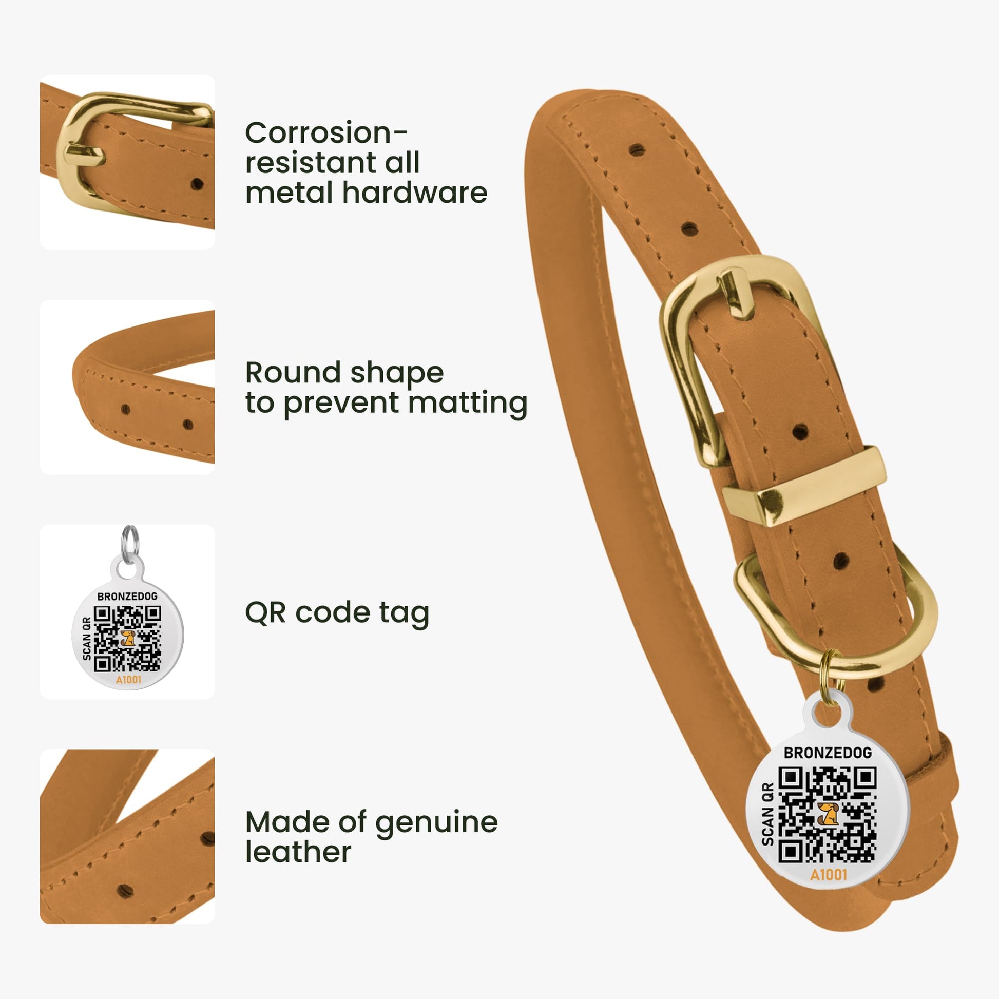 BronzeDog Rolled Leather Dog Collar with QR ID Tag, Adjustable Collar