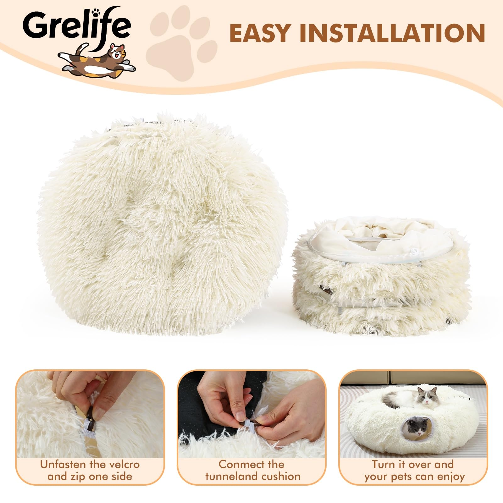 Grelife Cat Tunnel Bed for Indoor Cats, Cute Cat Tunnel Toys, Bed