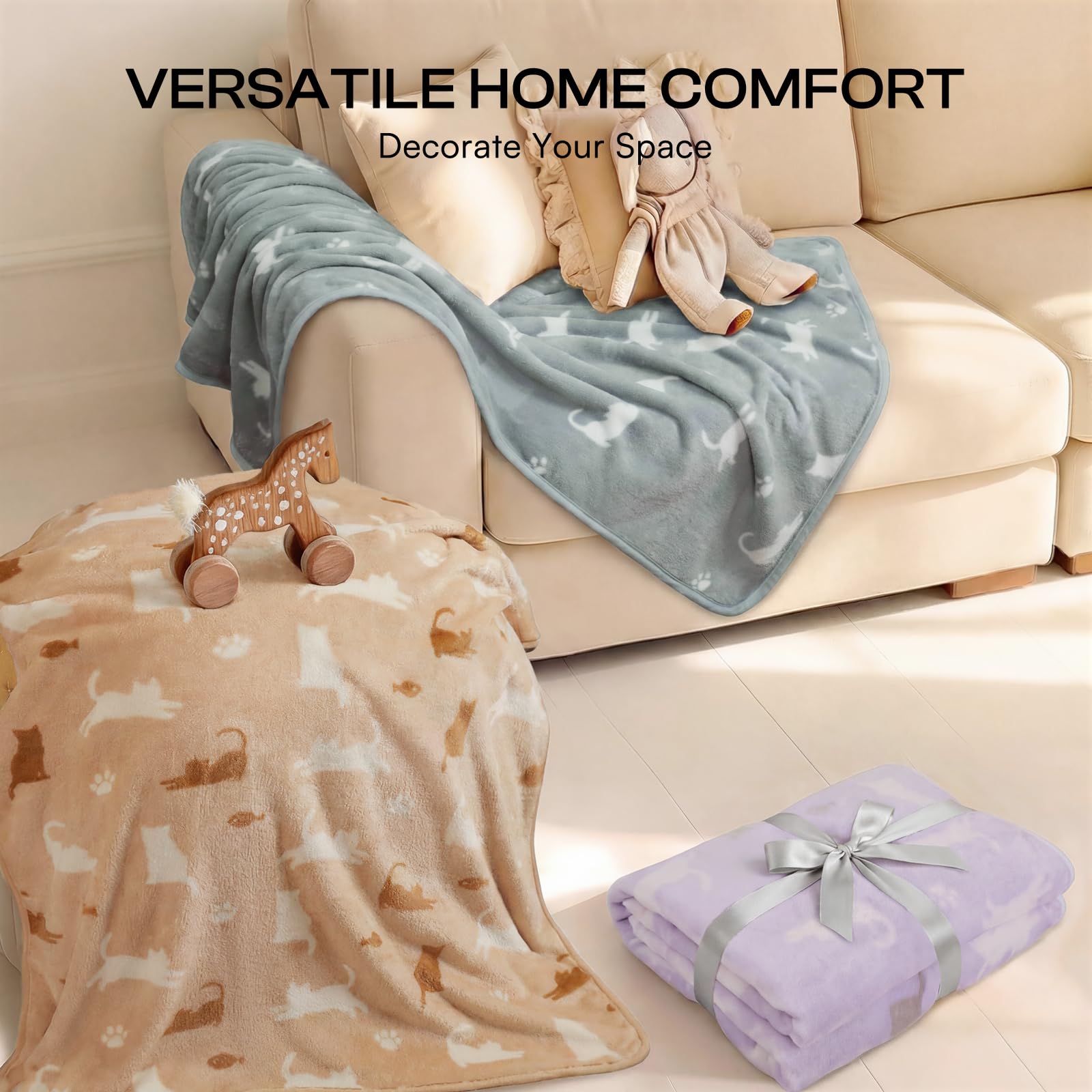 Luciphia 1 Pack 3 Blankets, Cute Cat Printed Fluffy Fleece Pet Crate