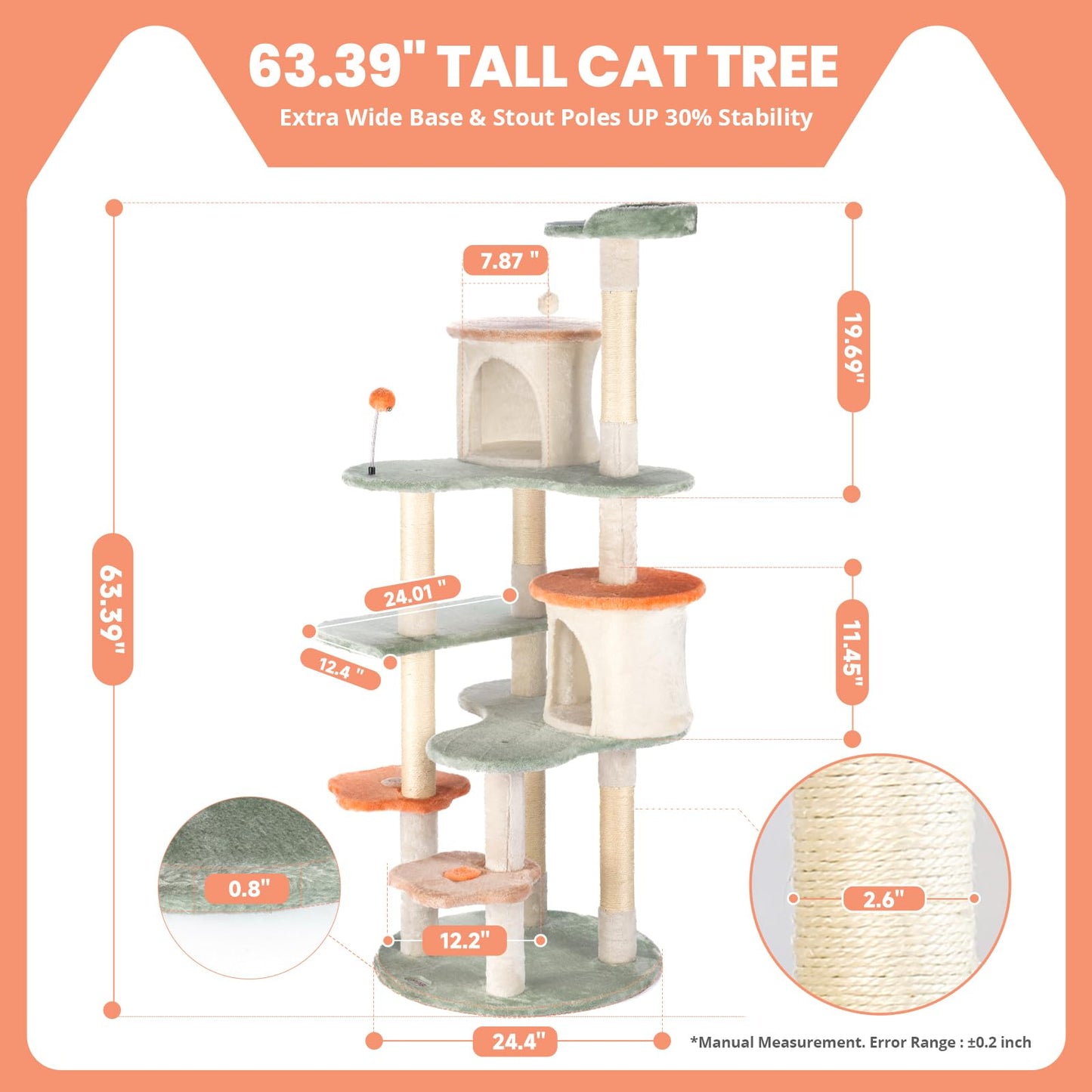 HYABi 63-inch Cat Tree for Large Cats, Multi-Level Flower Tower Balls