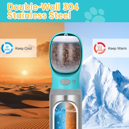 Portable Dog Water Bottle with Food Container, Stainless Dispenser