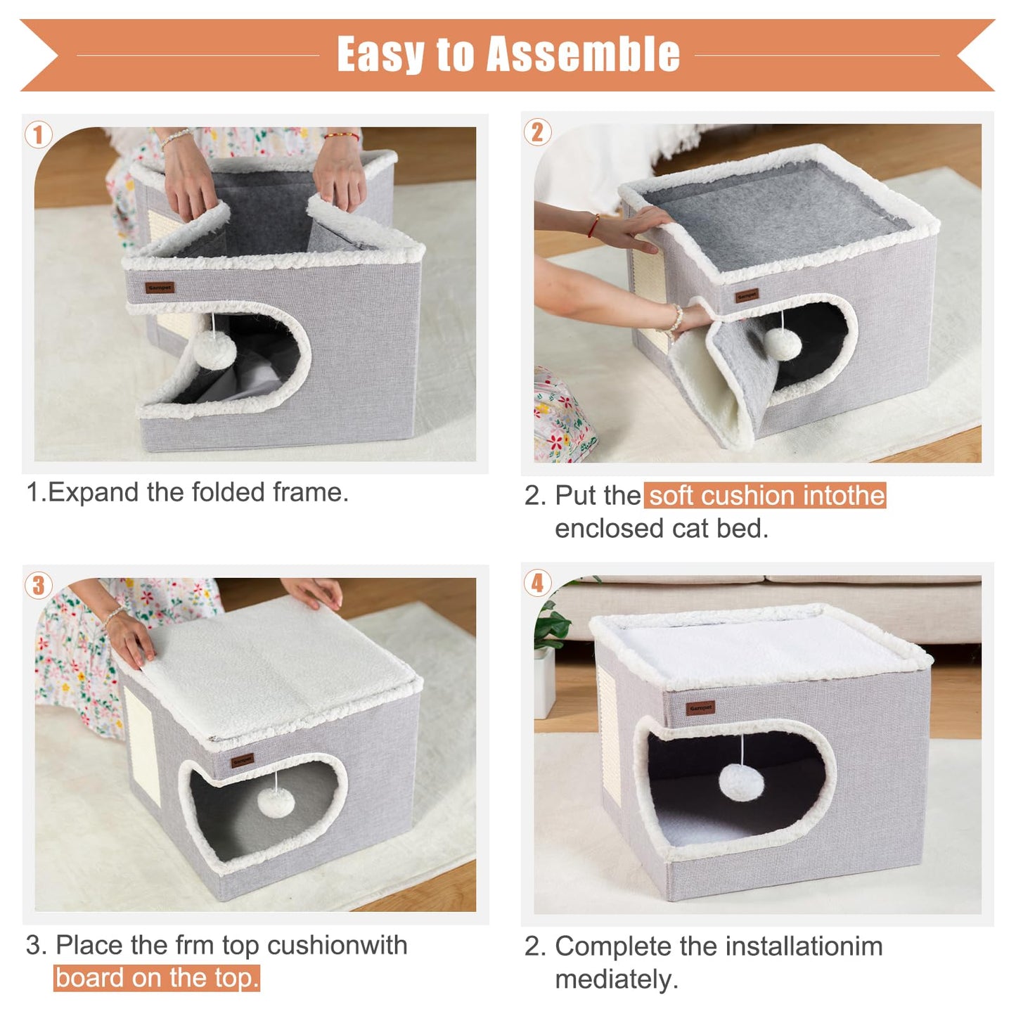 Garnpet Cat Bed for Indoor Cats Cube House, Covered Cat Cave Beds