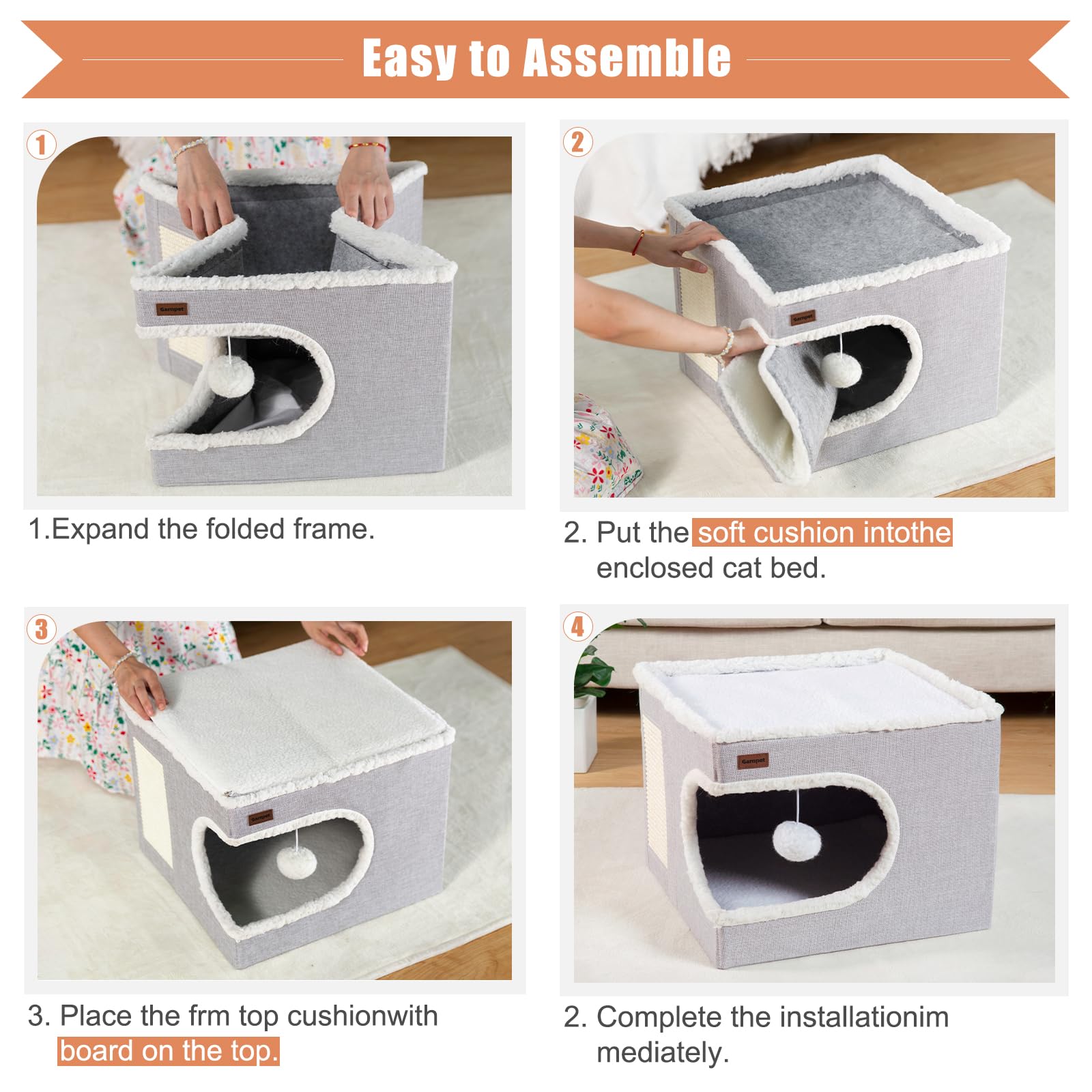 Garnpet Cat Bed for Indoor Cats Cube House, Covered Cat Cave Beds