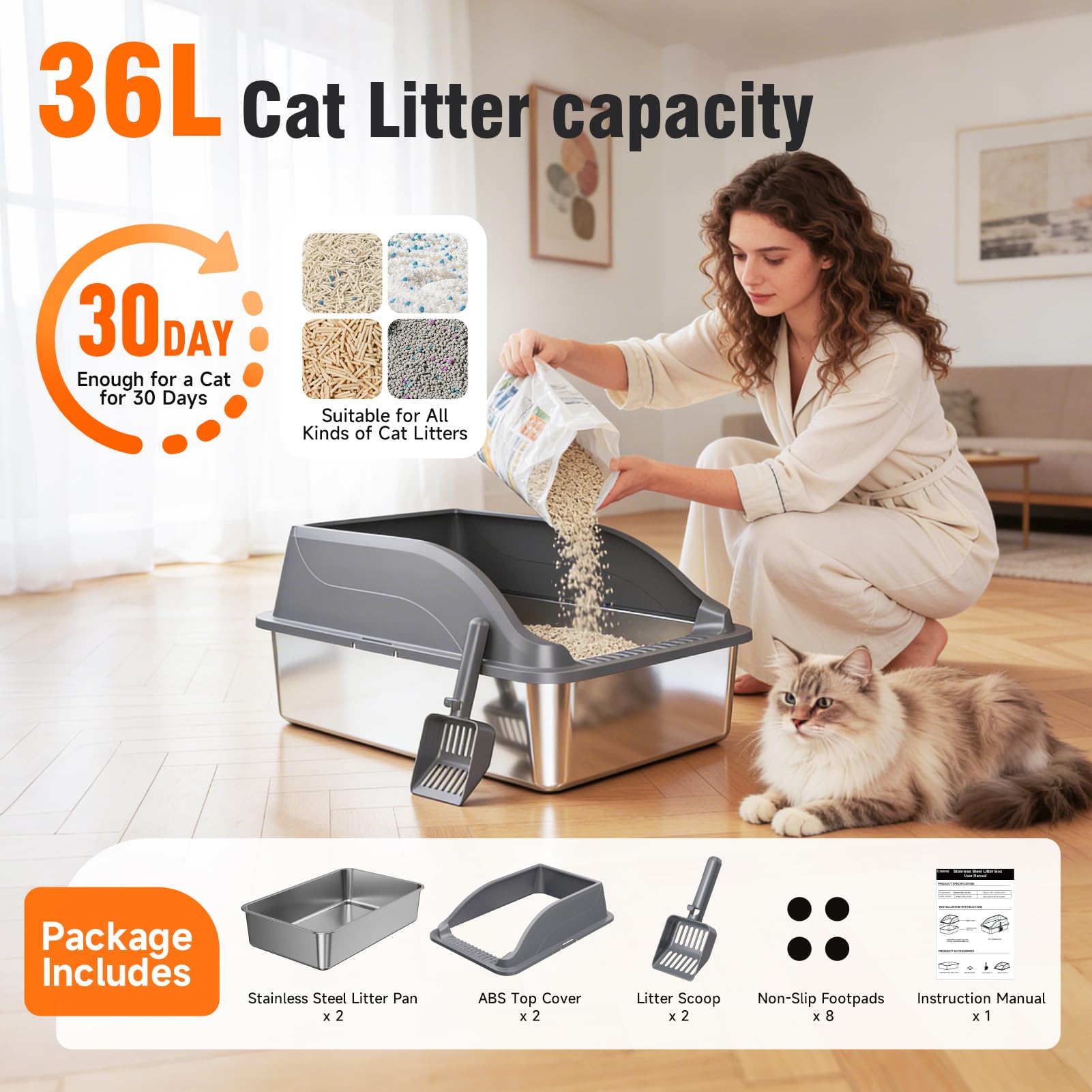 2PACK Stainless Steel Litter Boxes, Extra Large XL Odor Free Metal Box